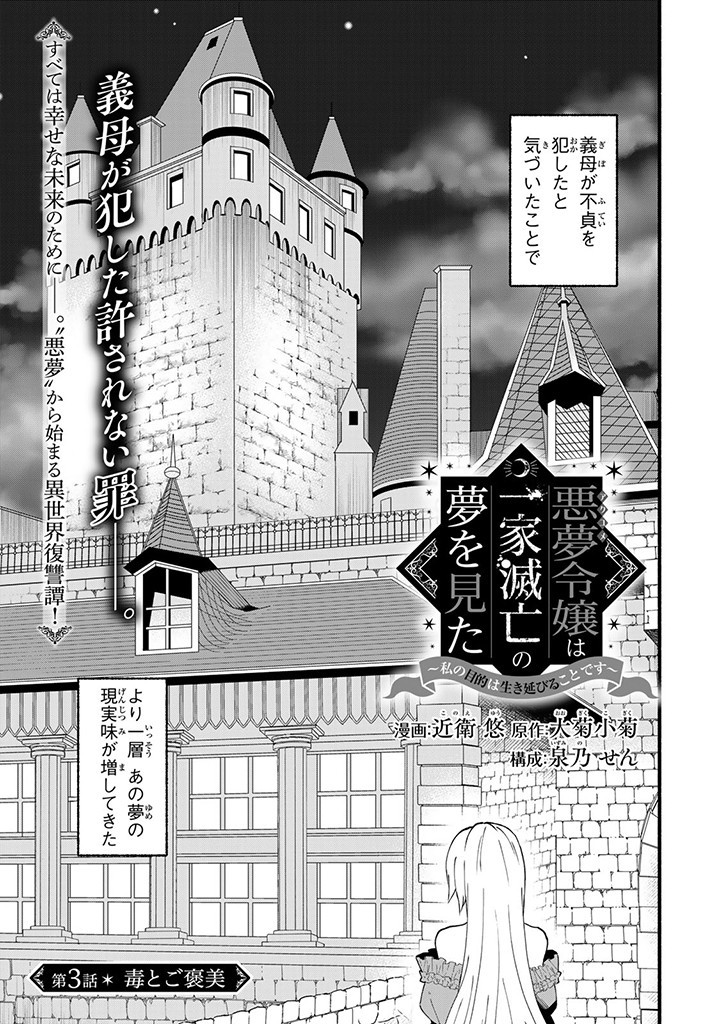 Akumu Reijou wa Ikka Metsubou no Yume wo Mita – Watshi no Mokuteki wa Ikinobiru Koto desu - Chapter 3 - Page 1
